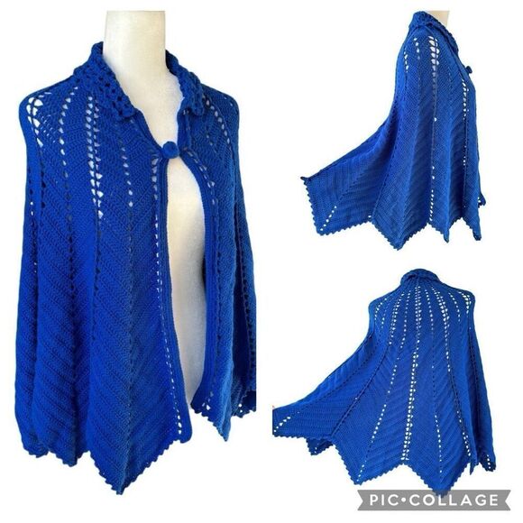Handmade 60s Royal Blue Granny Knit Crochet Cape Poncho Zigzag Hem Collar Button - Picture 1 of 8